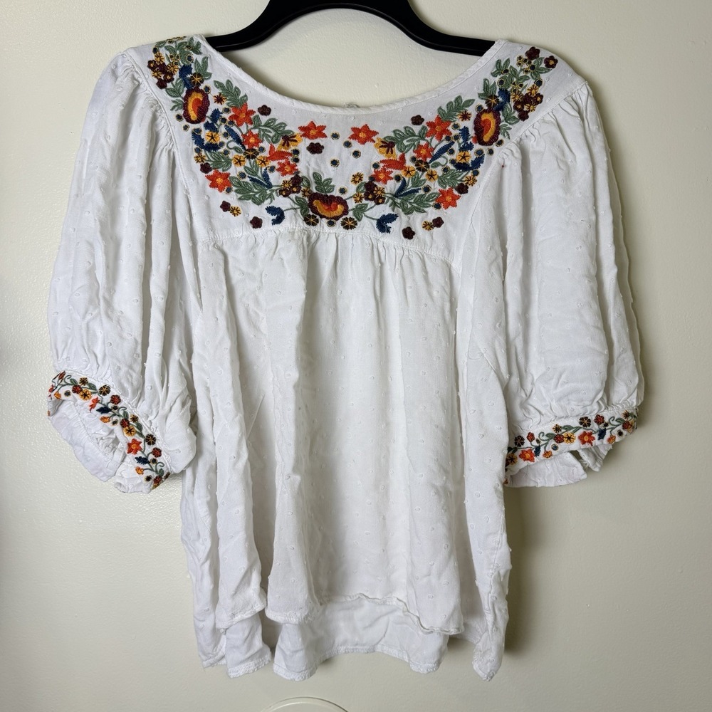 Solitaire Swiss Dot Peasant Top Sz Large Boho Embroidered Puff Sleeve Cottage